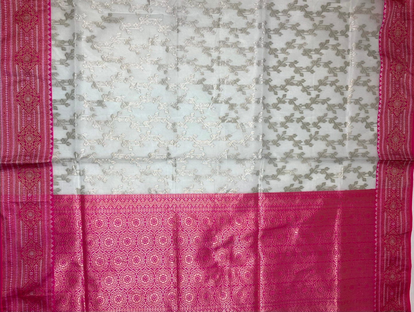Pink and Beige Organza Saree with Contrast Border and Allover Geometrical Body Design b0279ds
