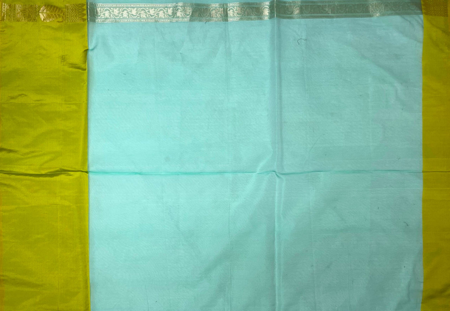 Mustard and Light Blue Organza Saree with Contrast Border and Allover Geometrical Body Design b0281ds