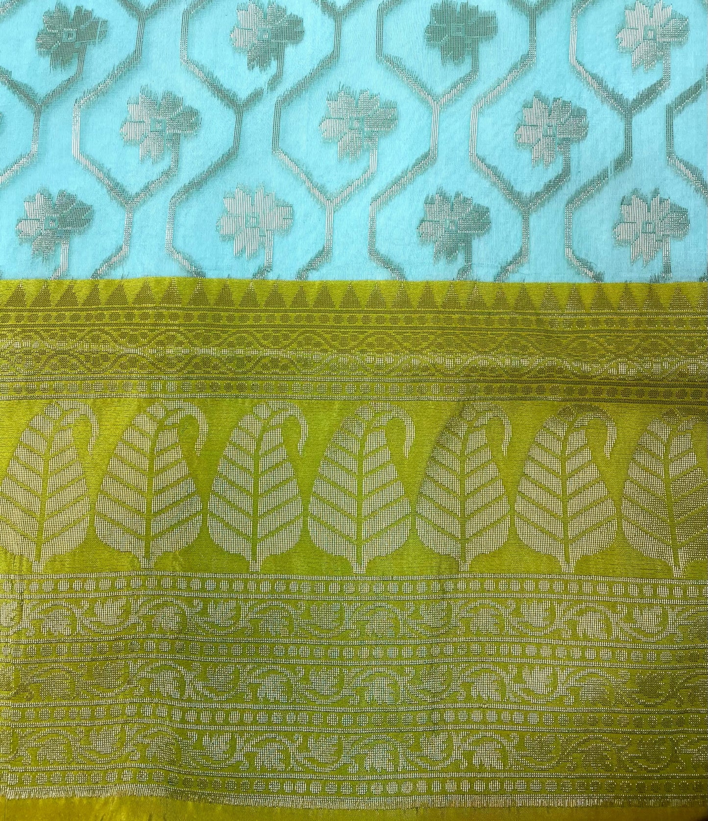 Mustard and Light Blue Organza Saree with Contrast Border and Allover Geometrical Body Design b0281ds
