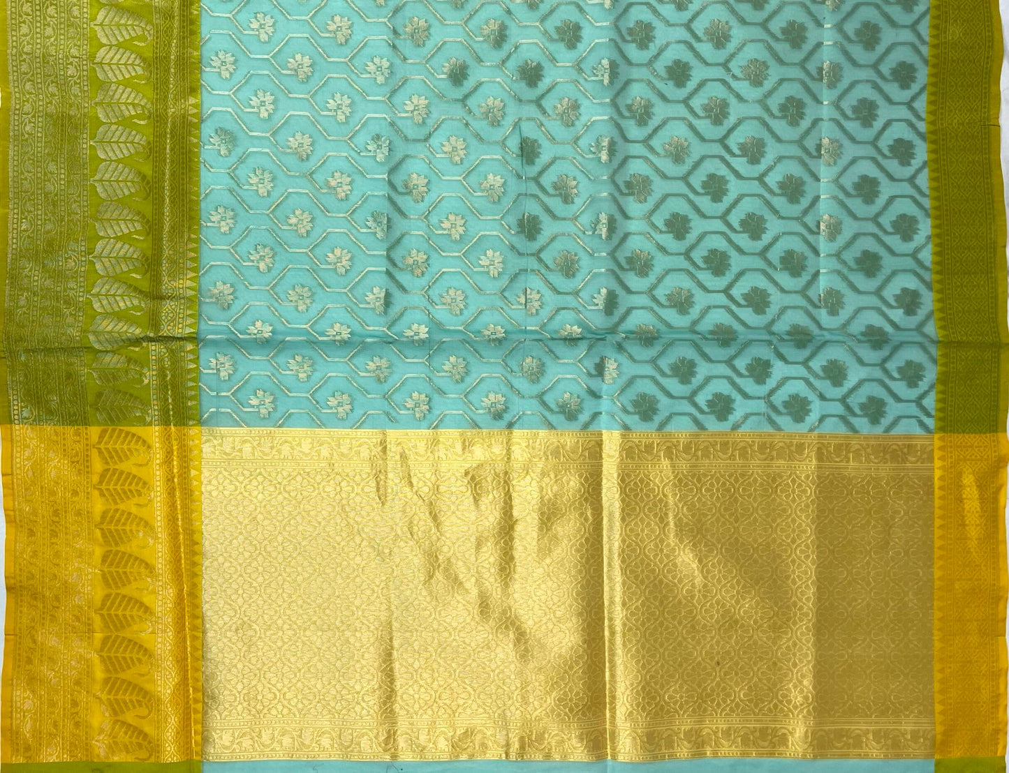 Mustard and Light Blue Organza Saree with Contrast Border and Allover Geometrical Body Design b0281ds
