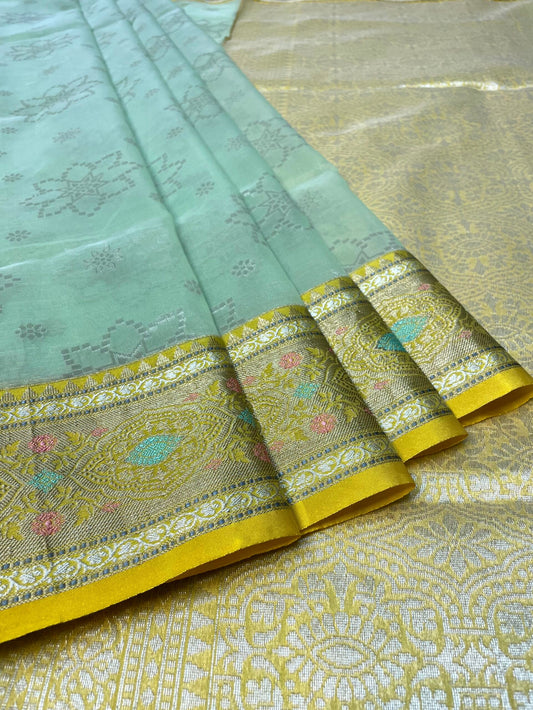 Yellow and Teal Organza Saree with Contrast Border and Allover Geometrical Body Design b0284ds