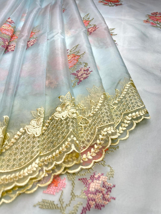 Blue Organza Saree Hand Embroidery with Butta and Border Design b0285ds