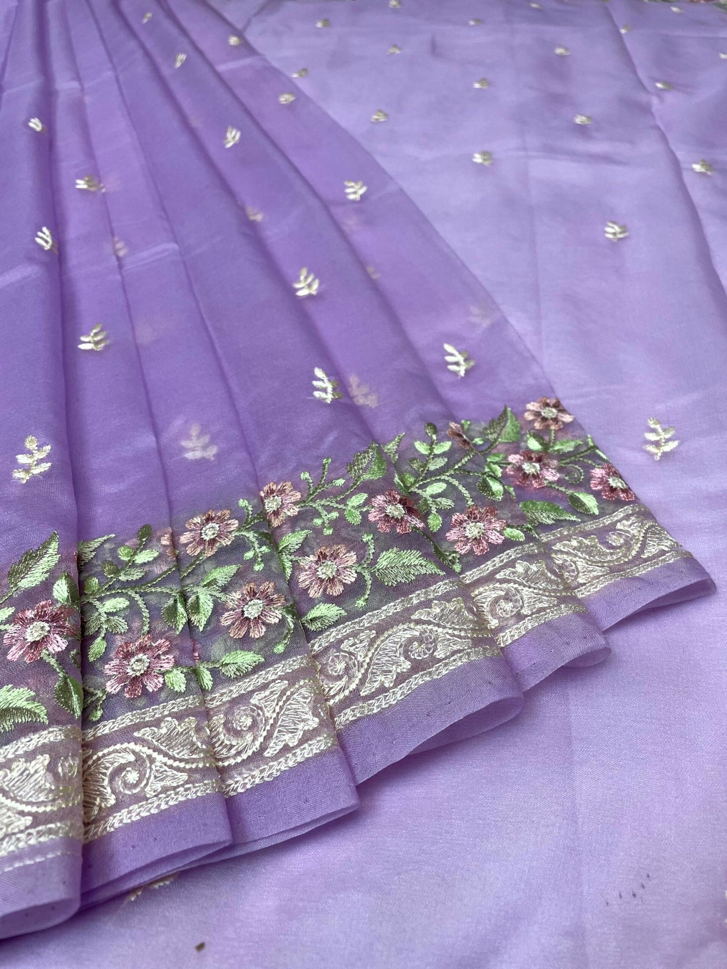 Purple Organza Saree Hand Embroidery with Butta and Border Design b0286ds