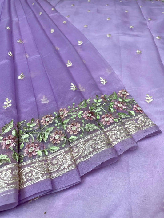 Purple Organza Saree Hand Embroidery with Butta and Border Design b0286ds