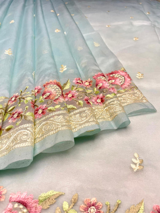 Blue Organza Saree Embroidery with Butta and Border Design b0288ds