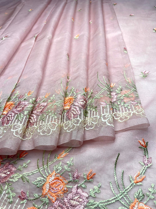 Baby Pink Organza Saree Embroidery with Butta and Border Design b0289ds
