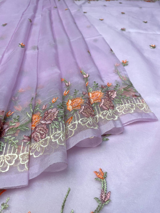 Lavender Organza Saree Embroidery with Butta and Border Design b0291ds