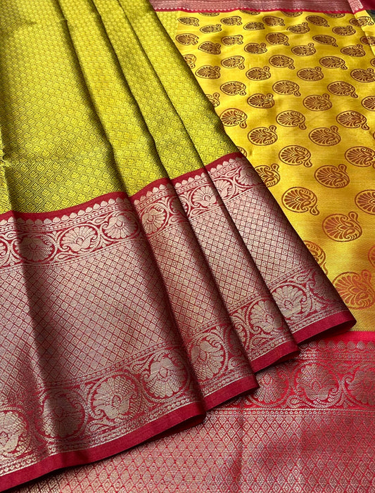 Maroon and Yellow Kora Brocade Saree with Contrast Banaras Border and Allover Body Design b0292ds