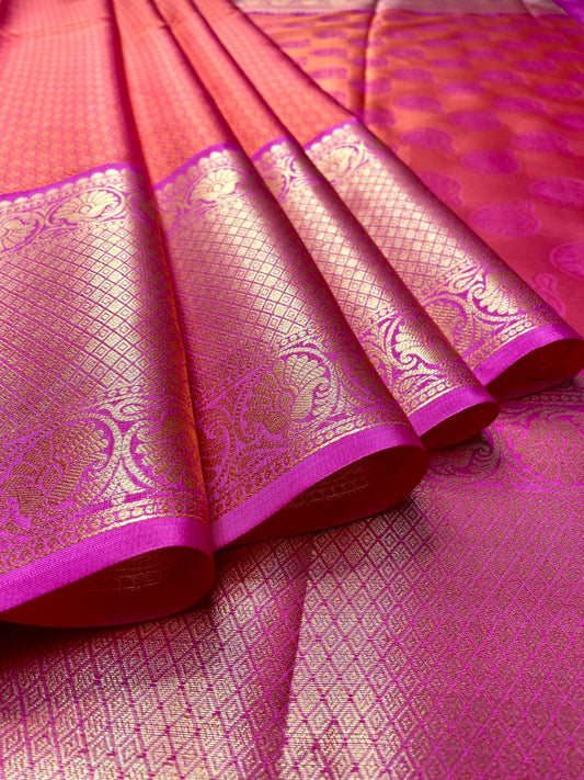 Pink and Red Kora Brocade Saree with Contrast Banaras Border and Allover Body Design b0293ds