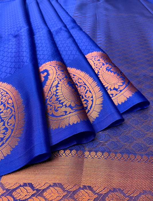 Blue Kora Brocade Saree with Contrast Banaras Border and Allover Body Design b0294ds