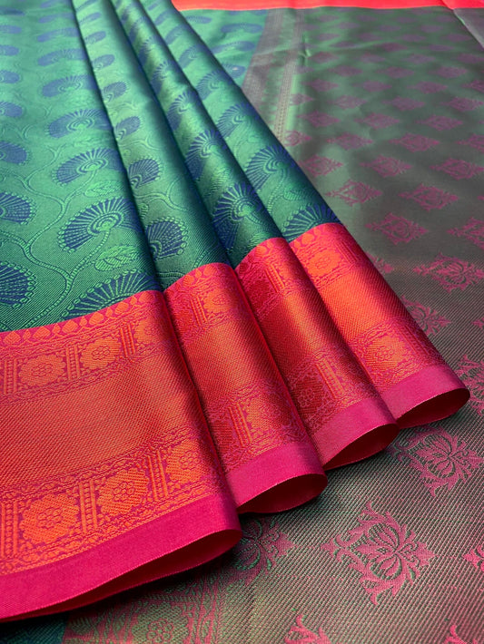 Kora Brocade Saree with Contrast Banaras Border and Allover Body Design b0295ds