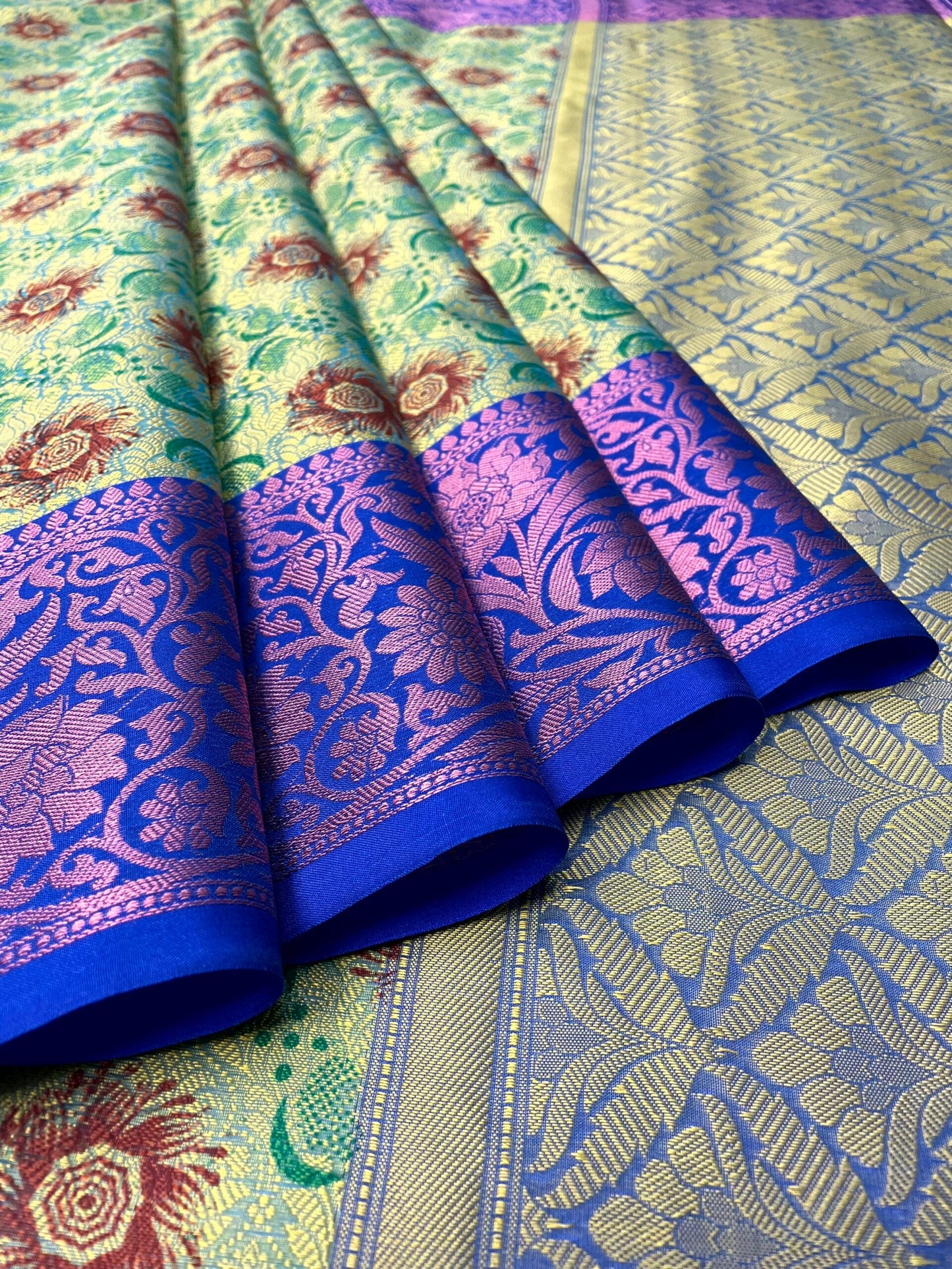 Green and Violet Kora Printed Saree with Contrast Banaras Border and Allover Printed Body Design b0298ds