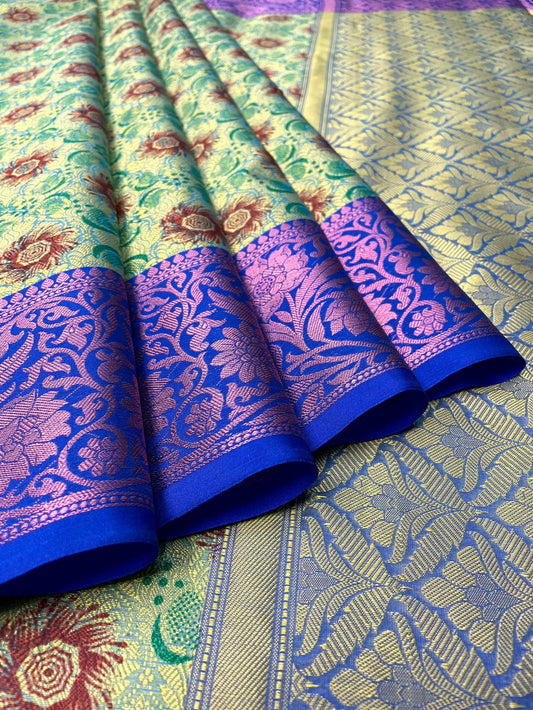 Green and Violet Kora Printed Saree with Contrast Banaras Border and Allover Printed Body Design b0298ds