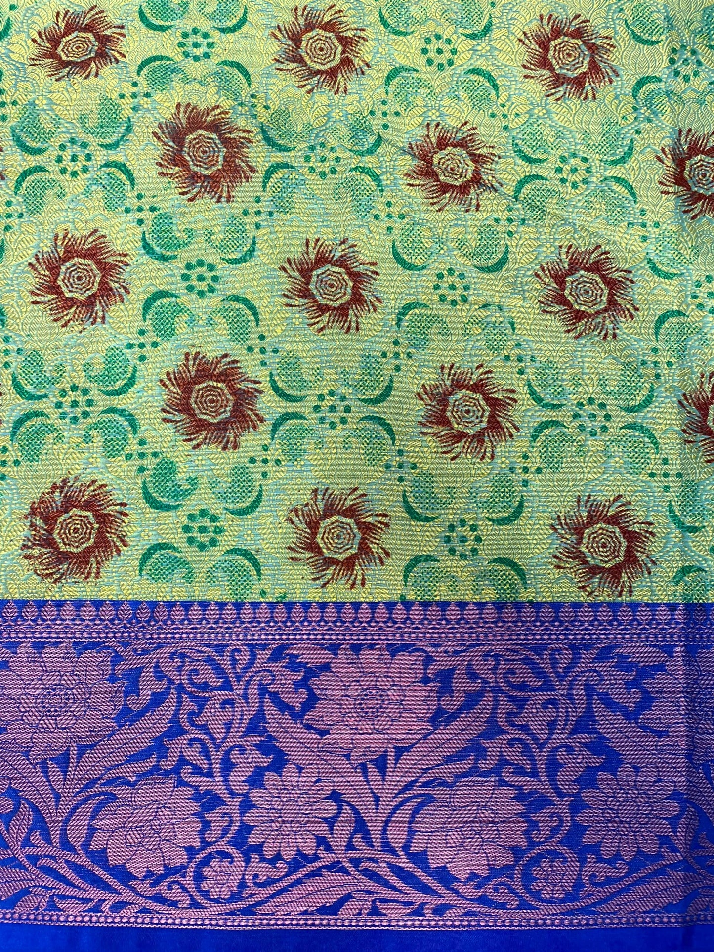 Green and Violet Kora Printed Saree with Contrast Banaras Border and Allover Printed Body Design b0298ds