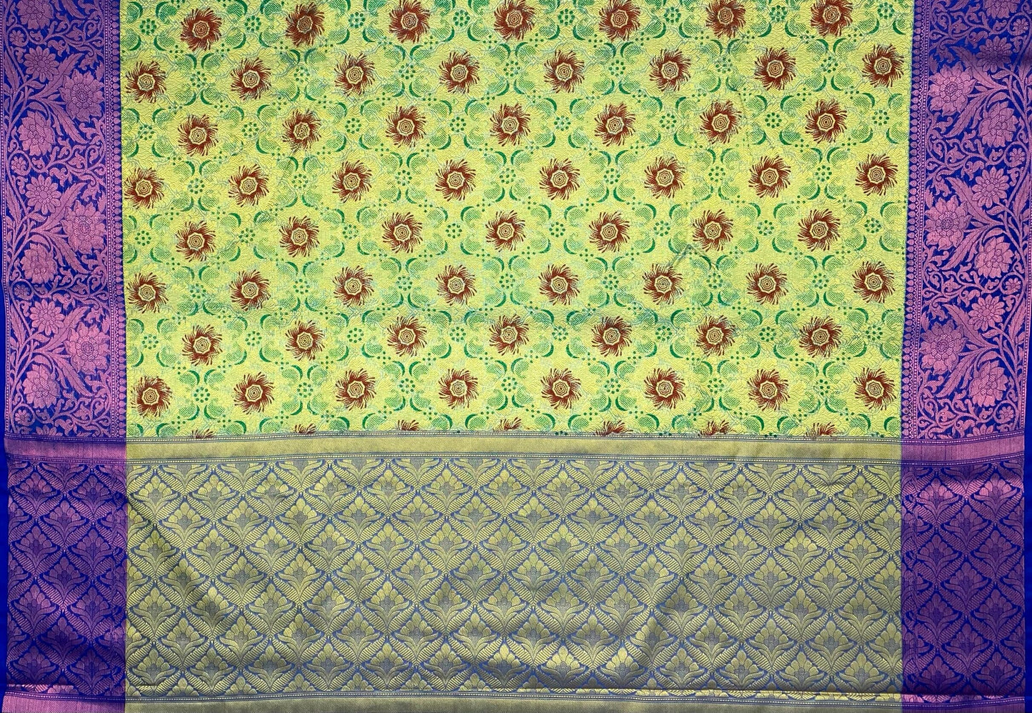 Green and Violet Kora Printed Saree with Contrast Banaras Border and Allover Printed Body Design b0298ds