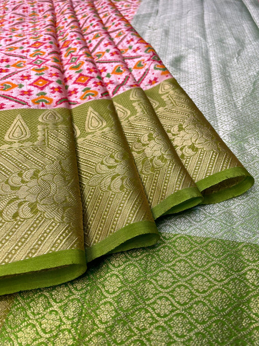Green and Pink Kora Printed Saree with Contrast Banaras Border and Allover Printed Body Design b0299ds