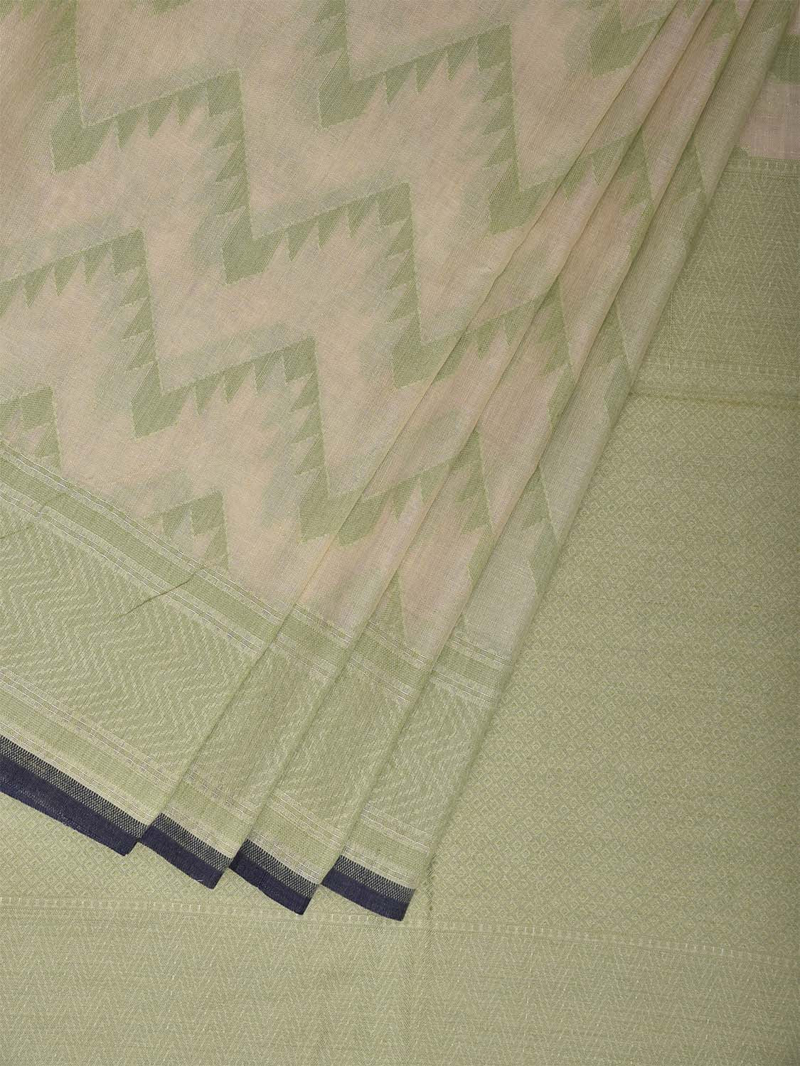 Cream and Light Green Banaras Cut Work Cotton Saree with Zig-Zag Design b0300