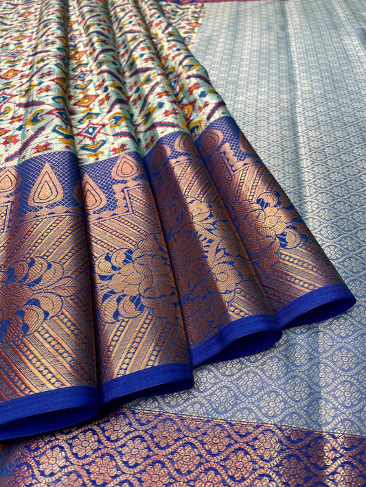 Blue Kora Printed Saree with Contrast Banaras Border and Allover Printed Body Design b0300ds