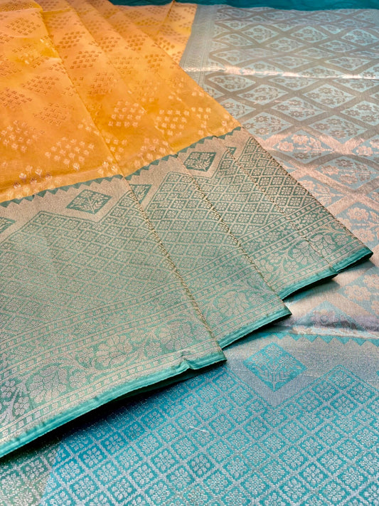 Mustard and Teal Organza Saree with Contrast Border and Allover Geometrical Body Design b0301ds