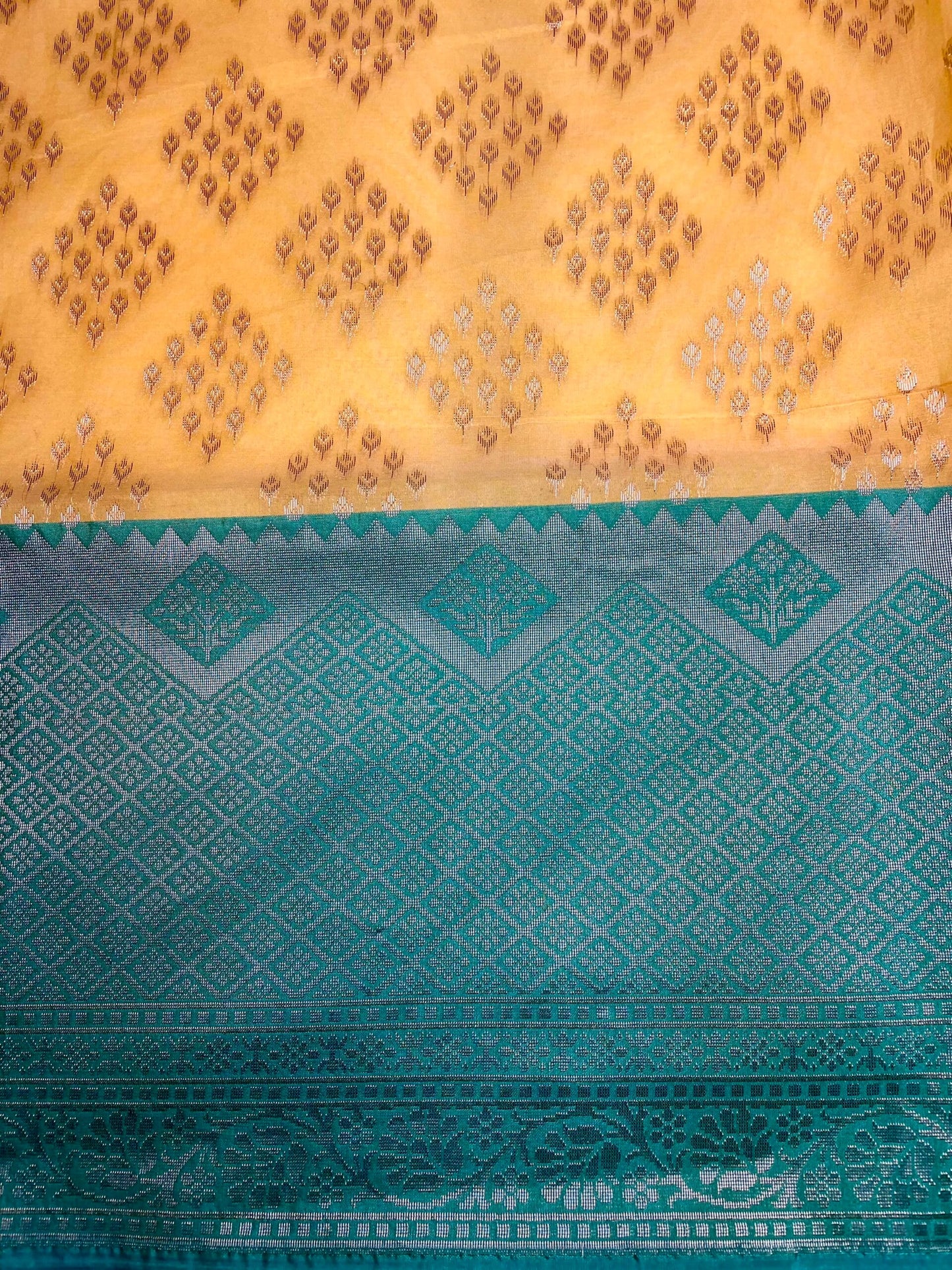 Mustard and Teal Organza Saree with Contrast Border and Allover Geometrical Body Design b0301ds