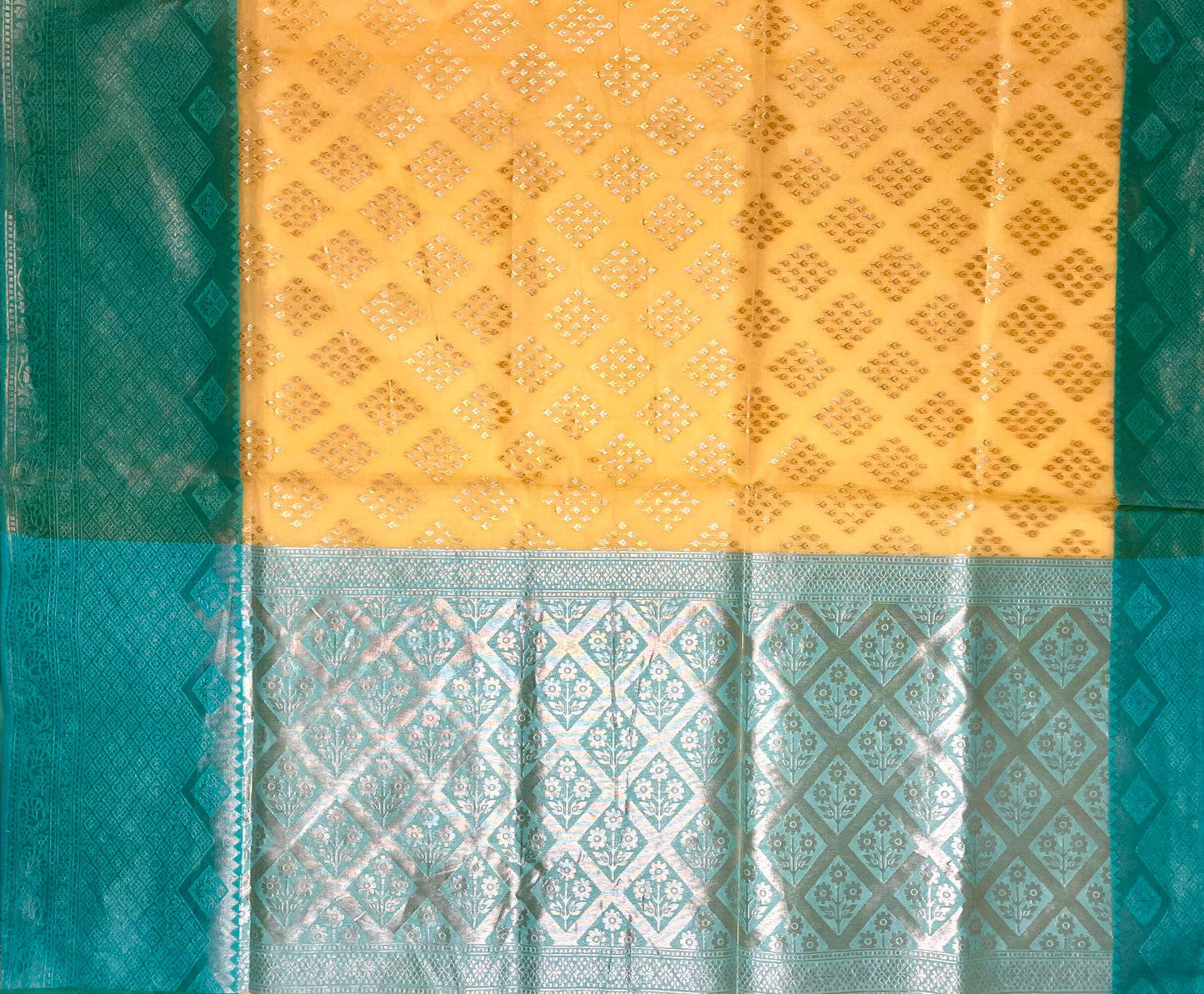 Mustard and Teal Organza Saree with Contrast Border and Allover Geometrical Body Design b0301ds