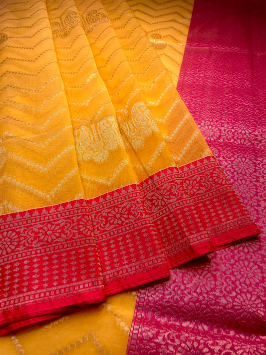Mustard Organza Saree with Contrast Border and Allover Geometrical Body Design b0304ds