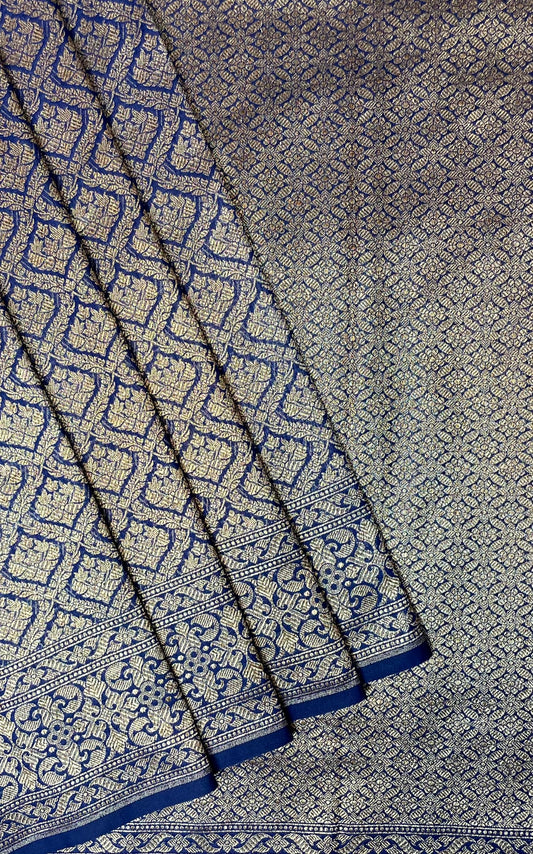 Blue Banaras Katan Intricate Allover Brocade Saree with Antique Zari Border and Pallu Design b0307ds