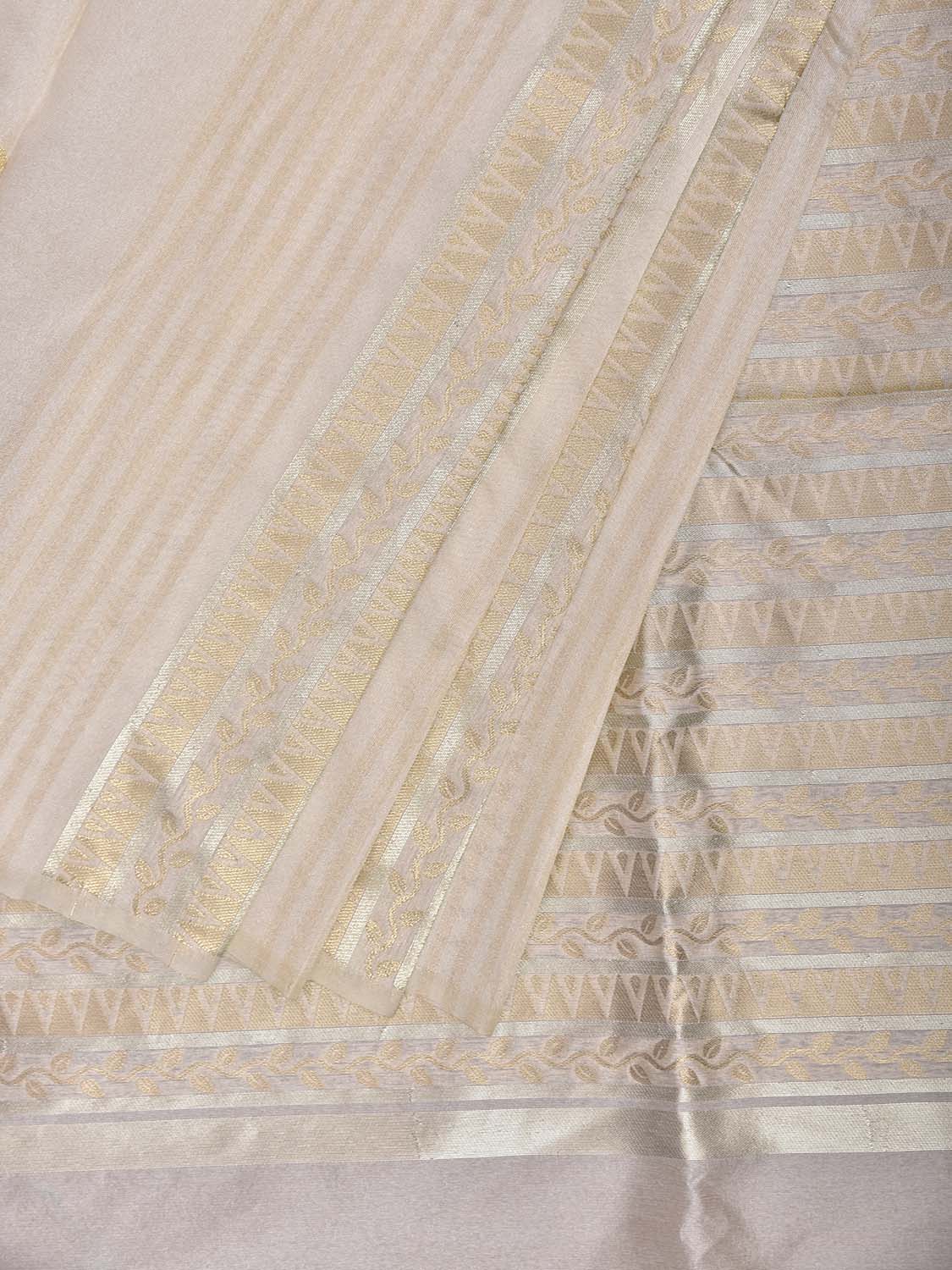 Beige Banaras Viscose Silk Saree with Floral Border and Strips Design b0309