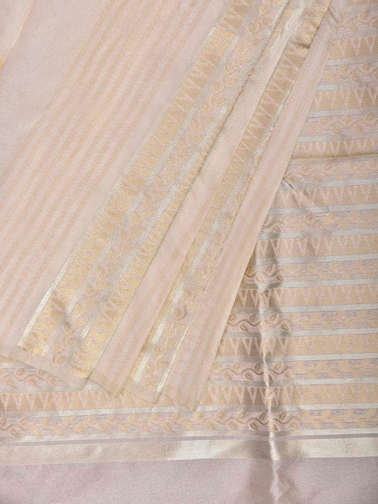 Beige Banaras Viscose Silk Saree with Floral Border and Strips Design b0309