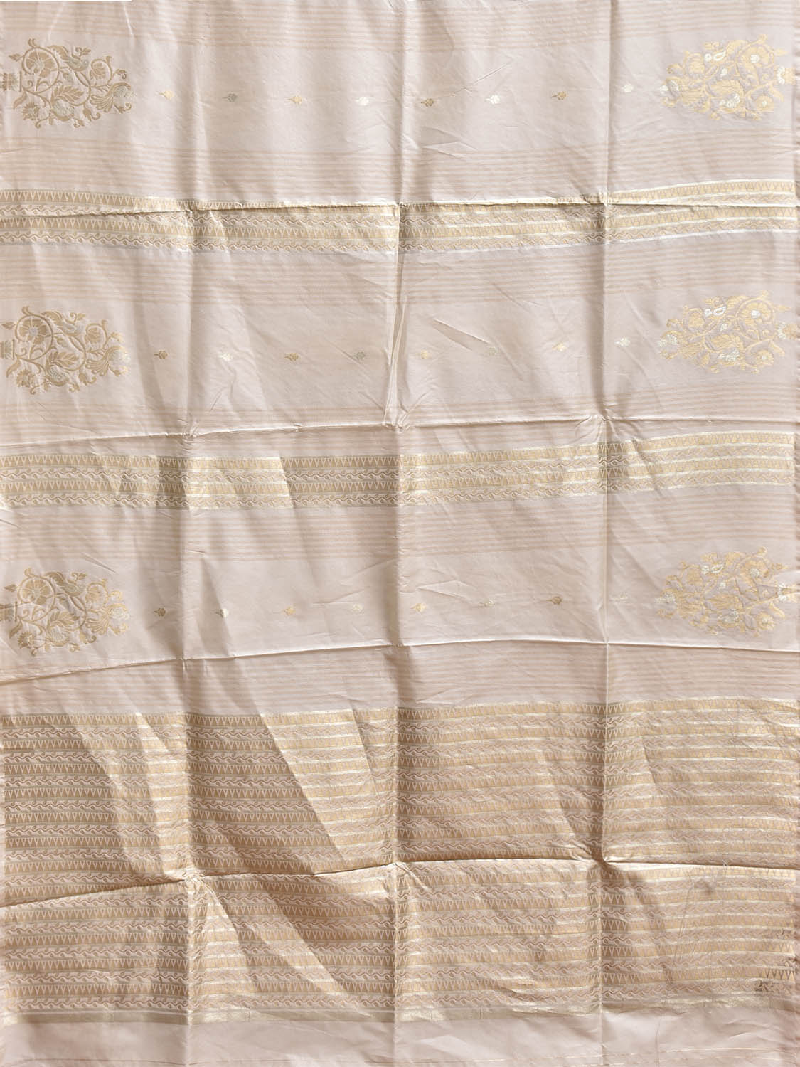 Beige Banaras Viscose Silk Saree with Floral Border and Strips Design b0309