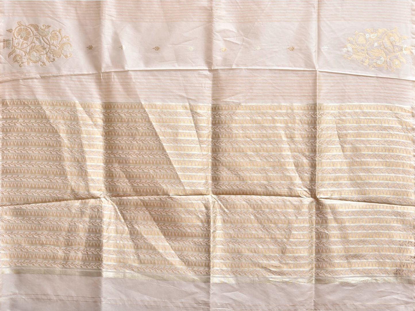 Beige Banaras Viscose Silk Saree with Floral Border and Strips Design b0309
