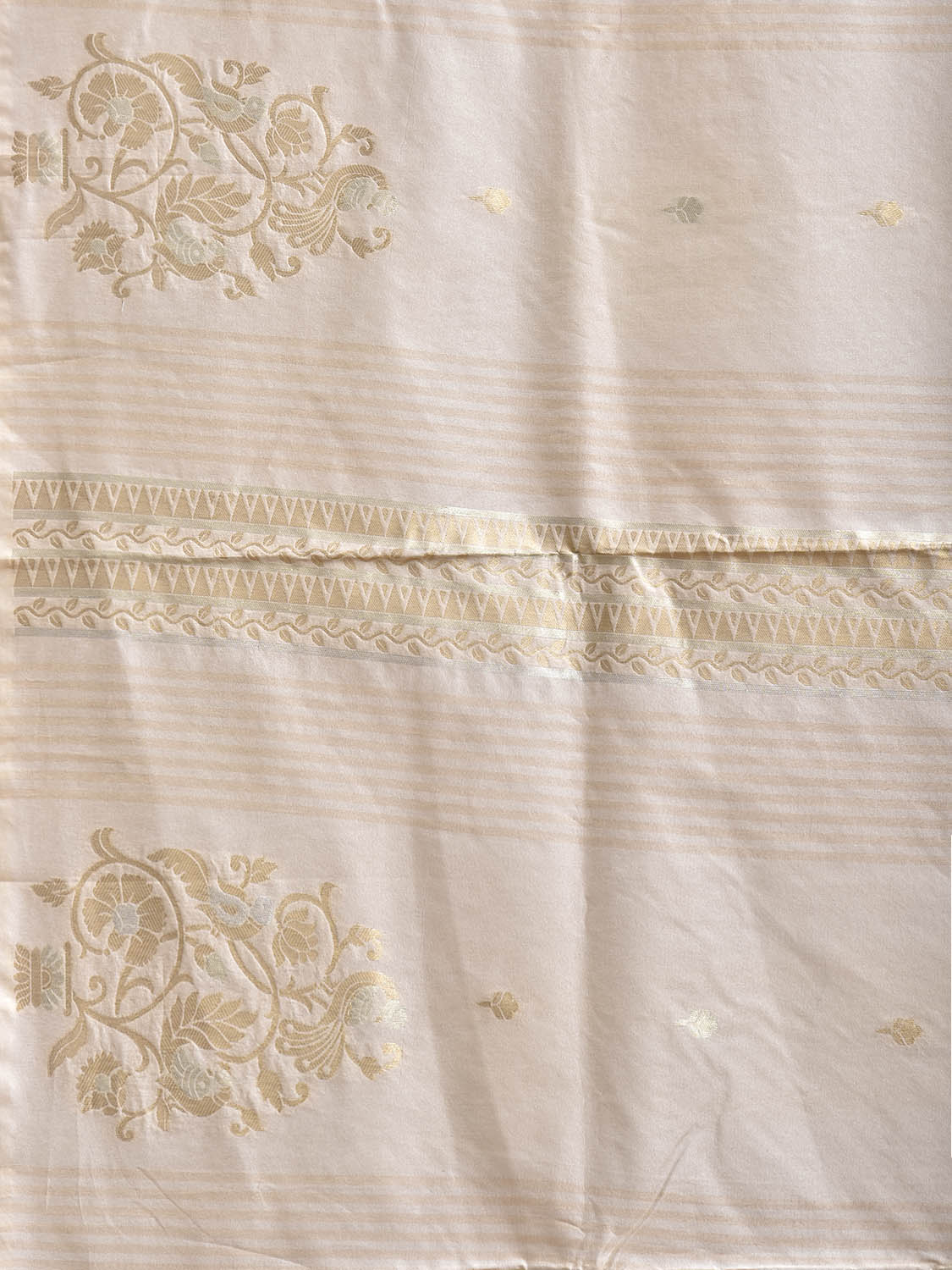 Beige Banaras Viscose Silk Saree with Floral Border and Strips Design b0309
