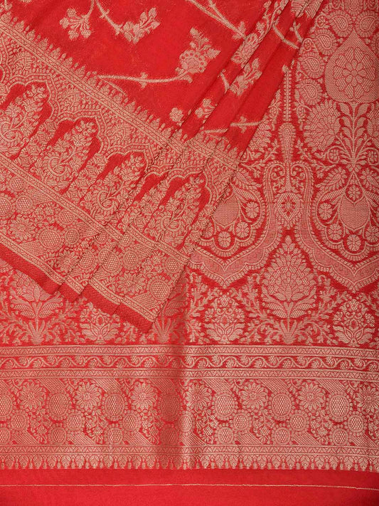 Red Banaras Viscose Silk Saree with Floral Body and Pallu Design b0310