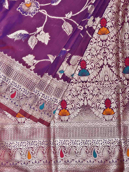 Purple Banaras Viscose Silk Saree with Floral Body and Pallu Design b0312