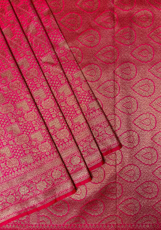 Rani Pink Banaras Katan Intricate Allover Brocade Saree with Antique Zari Border and Pallu Design b0312ds