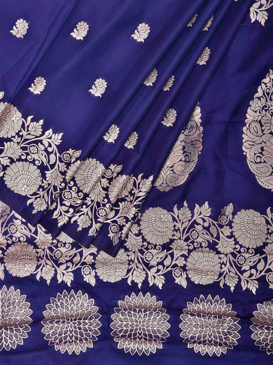 Blue Banaras Katan Viscose Saree with Pallu and Floral Border Design b315