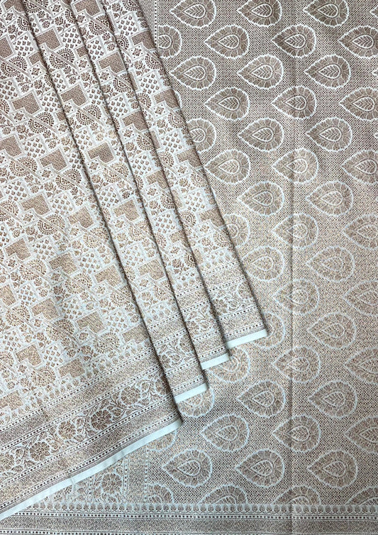 Beige Banaras Katan Intricate Allover Brocade Saree with Antique Zari Border and Pallu Design b0315ds