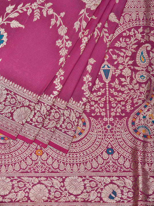 Burgundy Banaras Katan Viscose Saree with All Over Floral and Pallu Design b0316