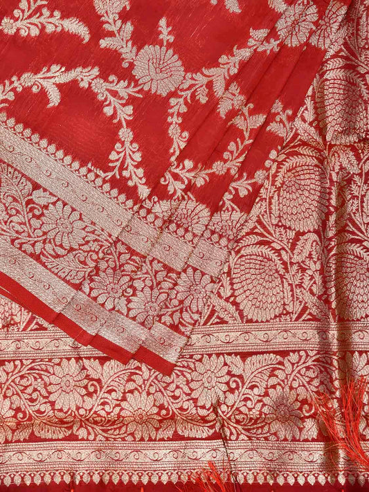 Red Banaras Katan Viscose Saree with All Over Floral and Pallu-Border Design b0317