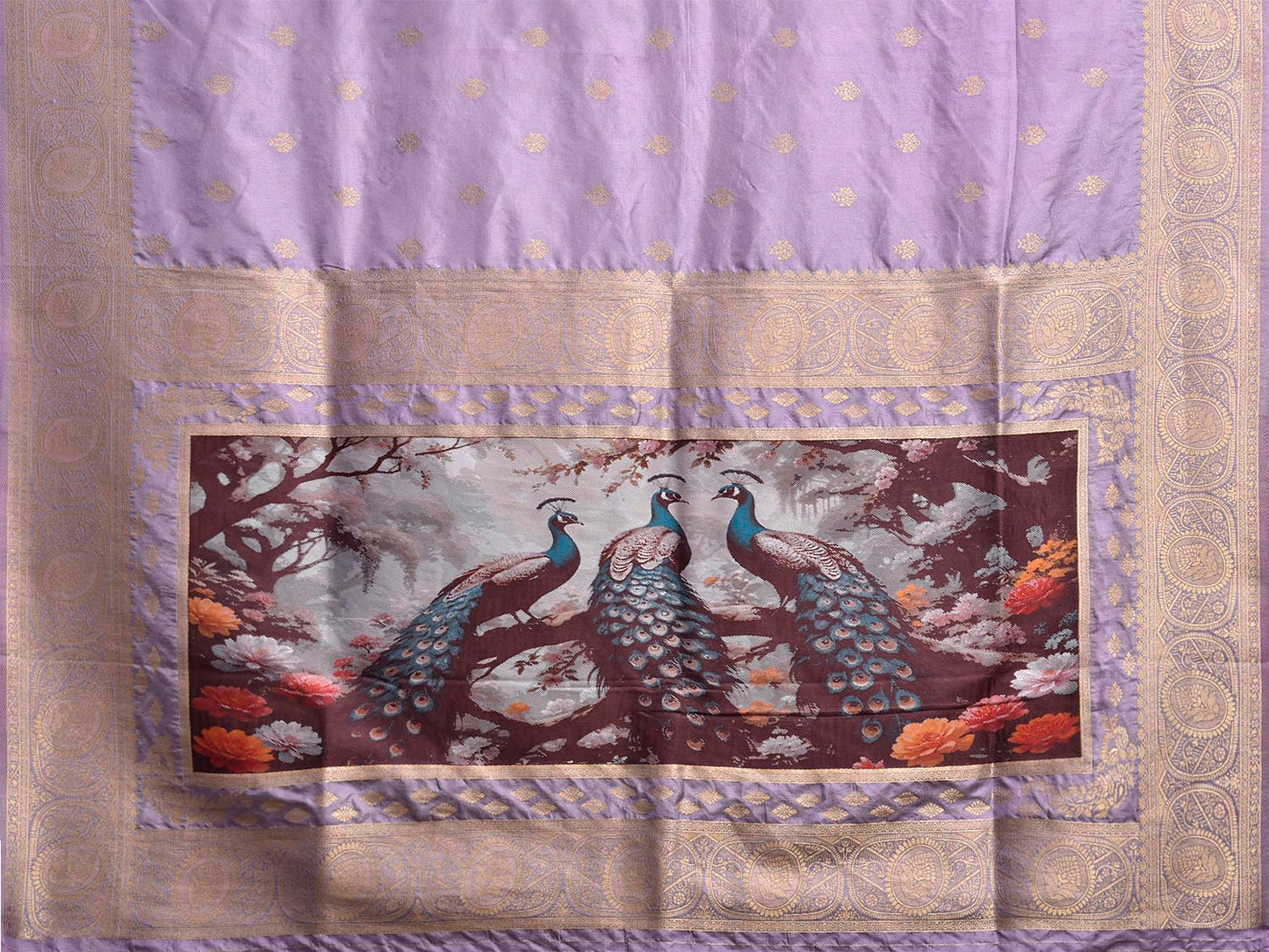 Lavender Banaras Katan Viscose Saree with Peacocks Pallu and Border Design b0318