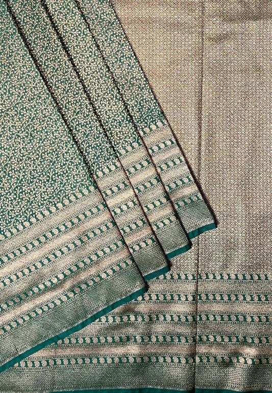Teal Banaras Katan Intricate Allover Brocade Saree with Antique Zari Border and Pallu Design b0318ds