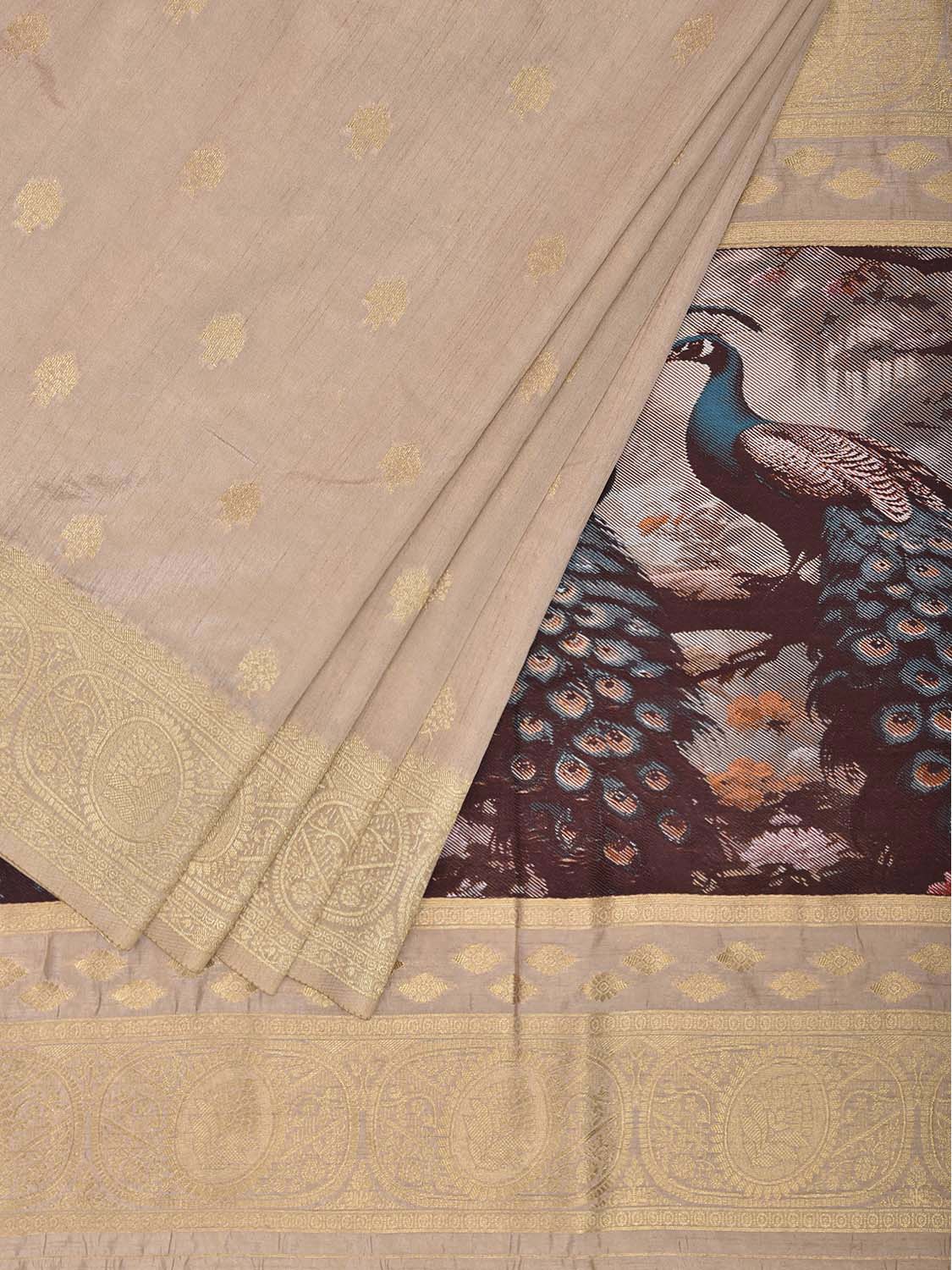 Cream Banaras Katan Viscose Saree with Peacocks Pallu and Border Design b0319