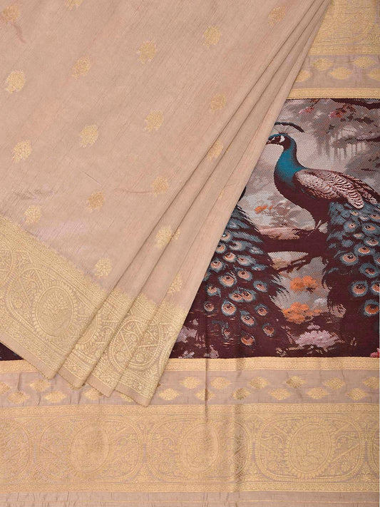 Cream Banaras Katan Viscose Saree with Peacocks Pallu and Border Design b0319