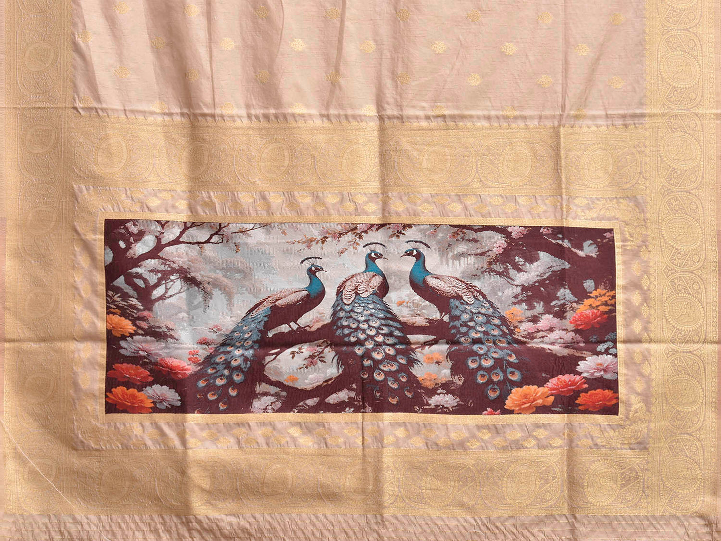 Cream Banaras Katan Viscose Saree with Peacocks Pallu and Border Design b0319