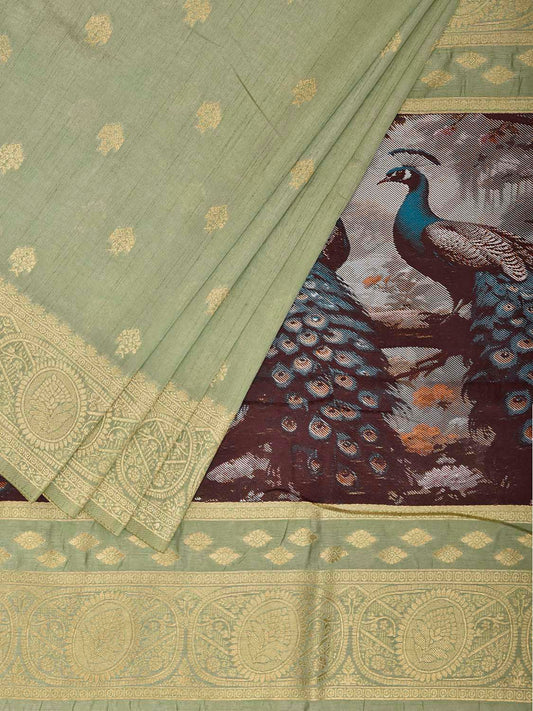 Light Green Banaras Katan Viscose Saree with Peacocks Pallu and Border Design b0322