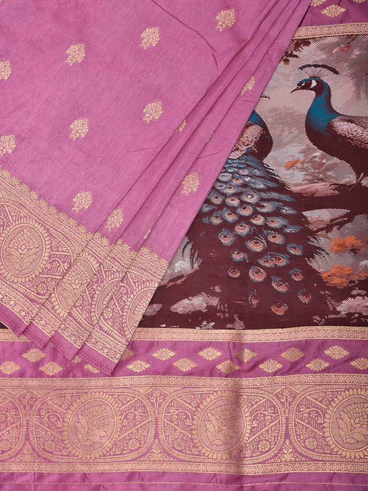 Pink Banaras Katan Viscose Saree with Peacocks Pallu and Border Design b0323