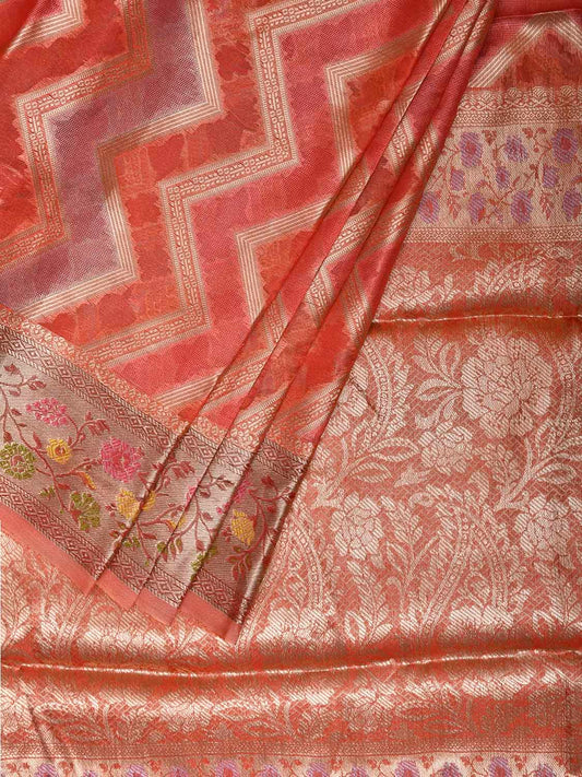 Peach Banaras Tissue Saree with Zig-Zag and Border-Pallu Design b0234