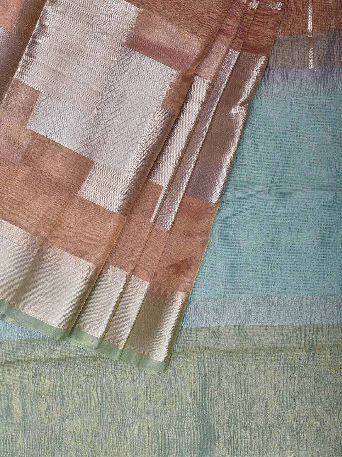Peach and Light Blue Banaras Tissue Saree with Strips Design b0326