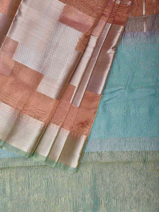 Peach and Light Blue Banaras Tissue Saree with Strips Design b0326