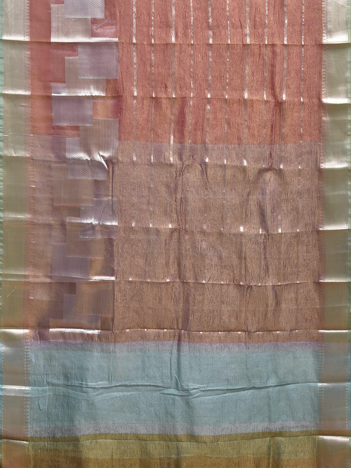 Peach and Light Blue Banaras Tissue Saree with Strips Design b0326